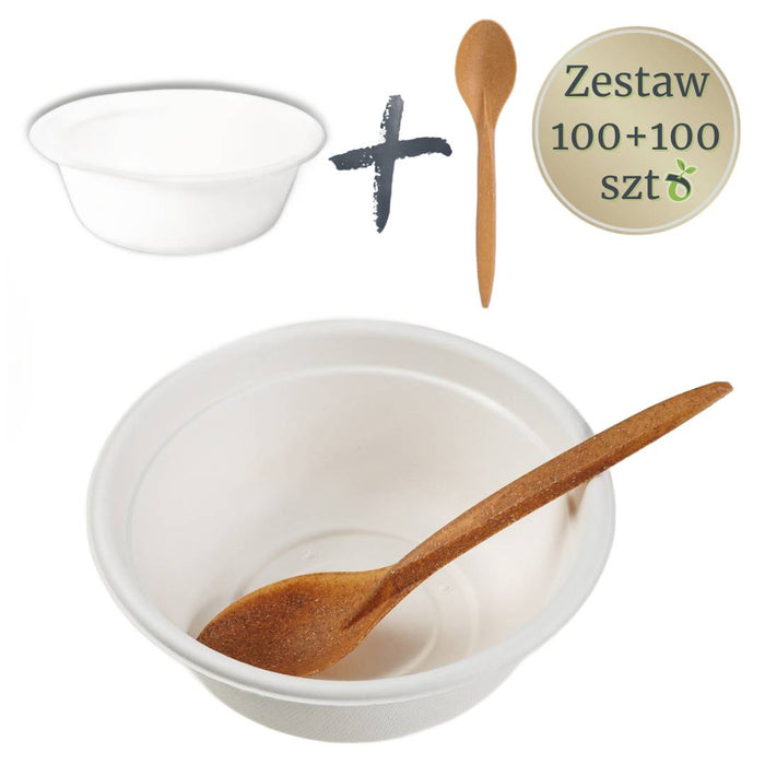 Zestaw: 100 misek z trzciny 500ml + 100 łyżek WPC